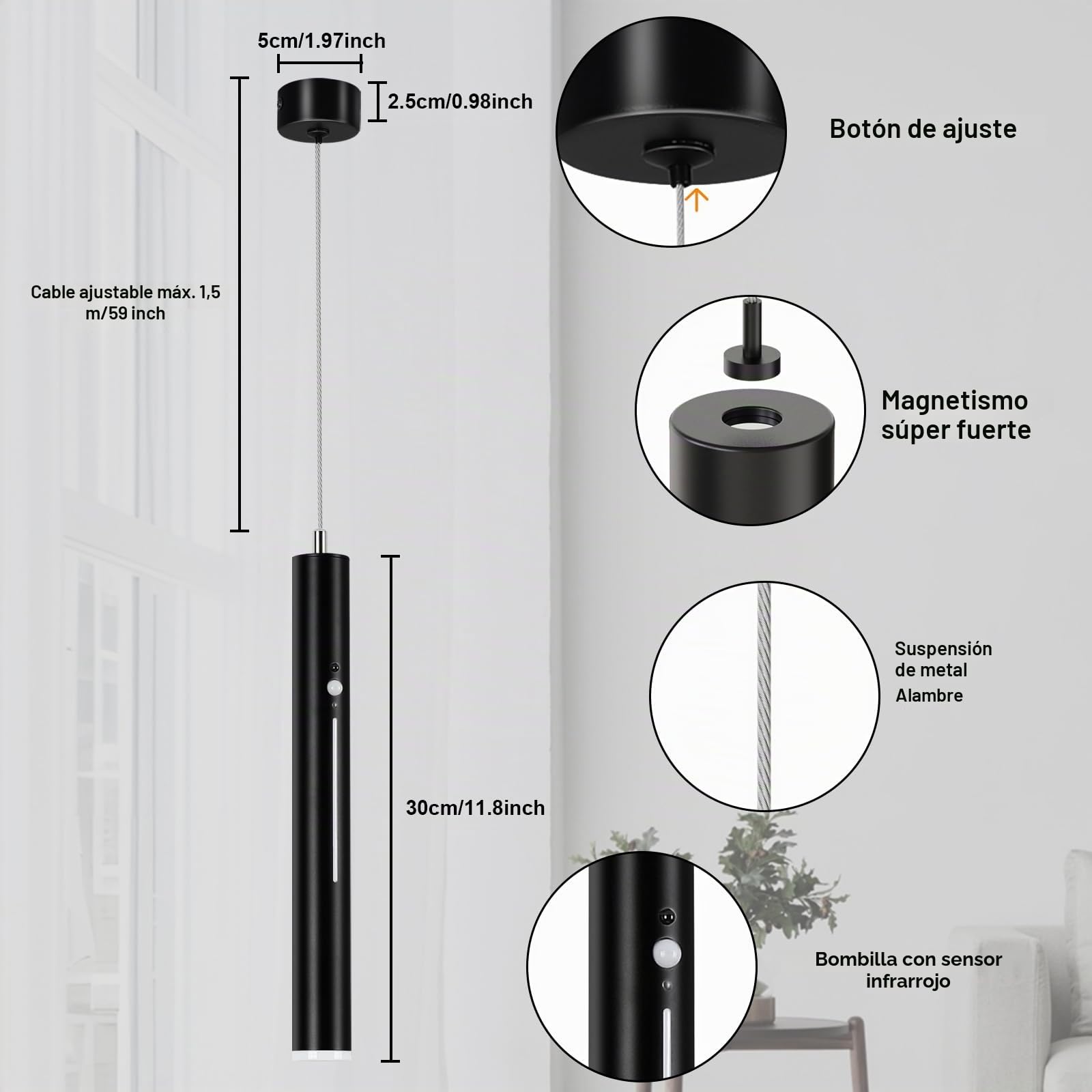 2x Lampara Colgante Techo Recargable Con Batería 5000mAh Negro | regulable 3000-6000K, con mando, lampara colgante con sensor y temporizador, para dormitorio, salón, isla cocina
