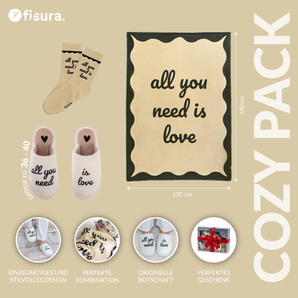 FISURA – Originelles Geschenk für Frauen „All You Need is Love“. Set mit Decke, Hausschuhen und Socken. 3-teiliges Mädchen mit Stil und viel Gemütlichkeit.