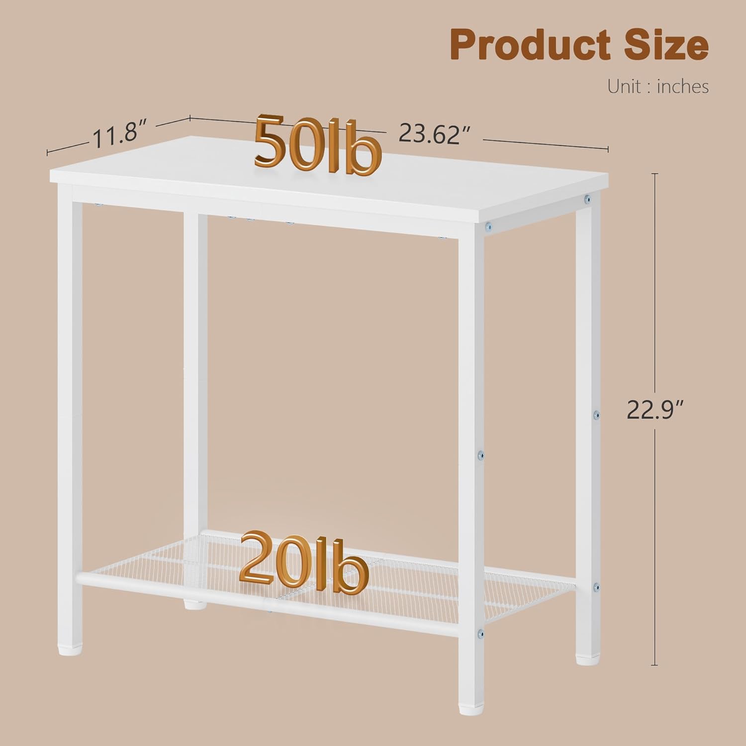 Hoctieon 2 Tier End Table, Sofa Side Table, Narrow Side Table with Storage, Slim Nightstand for Small Spaces, Metal Frame, for Living Room, Bedroom, Sofa Couch, Hall, White