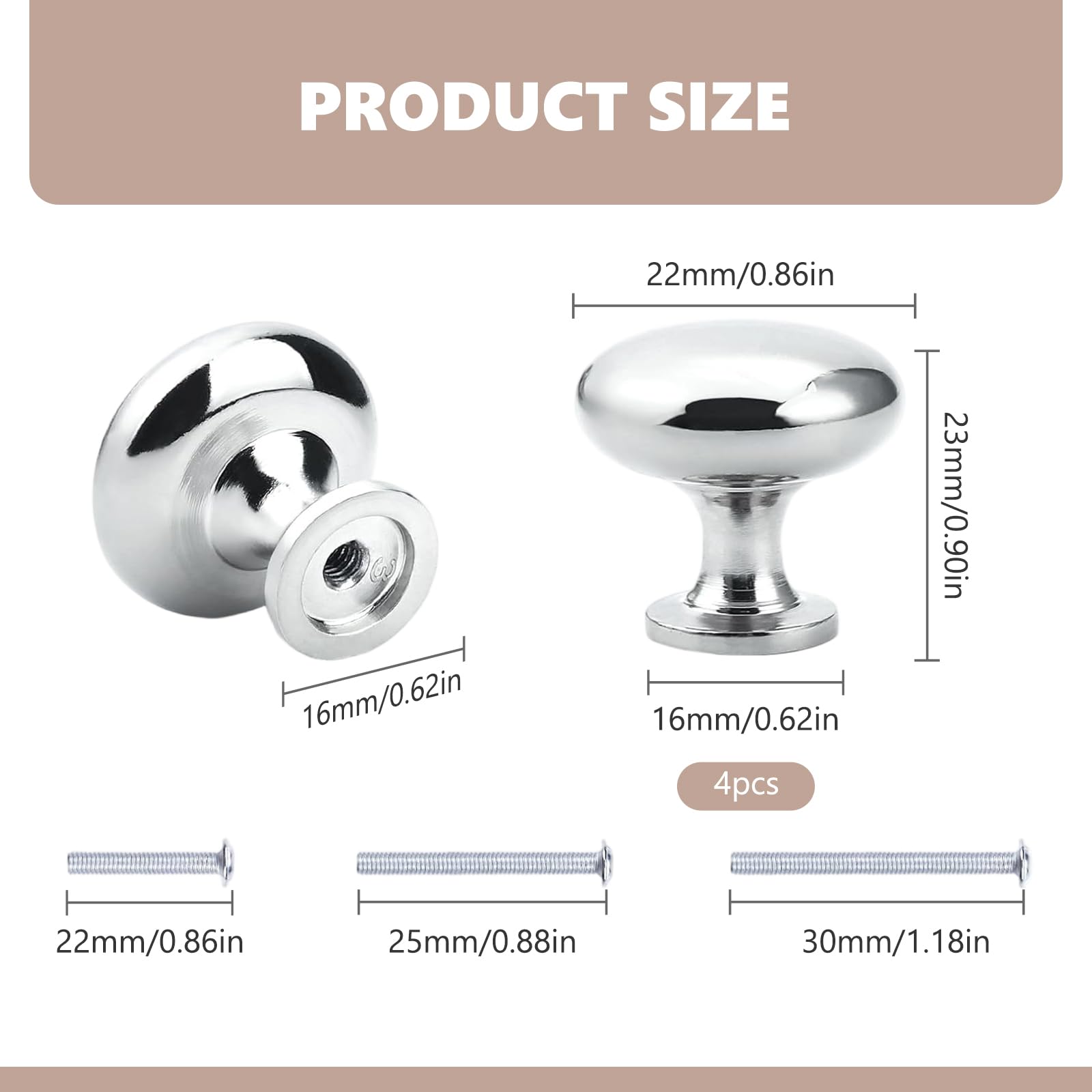 Set Di 4 Pomelli Per Mobili Rotondi In Lega Di Zinco – Argento, Diametro 22 Mm, Facili Da Installare