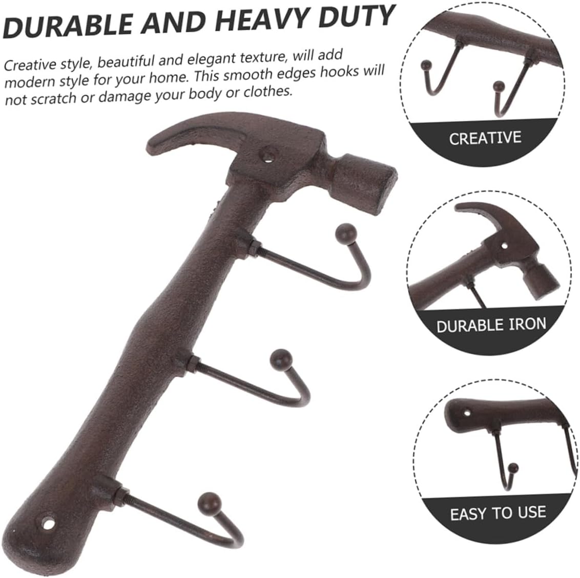 Vintage Hammer Shape Wall Hook 2pcs Heavy Duty Cast Iron Coat Rack Retro Metal Hanger with Screws for Home Entryway Bathroom Organization