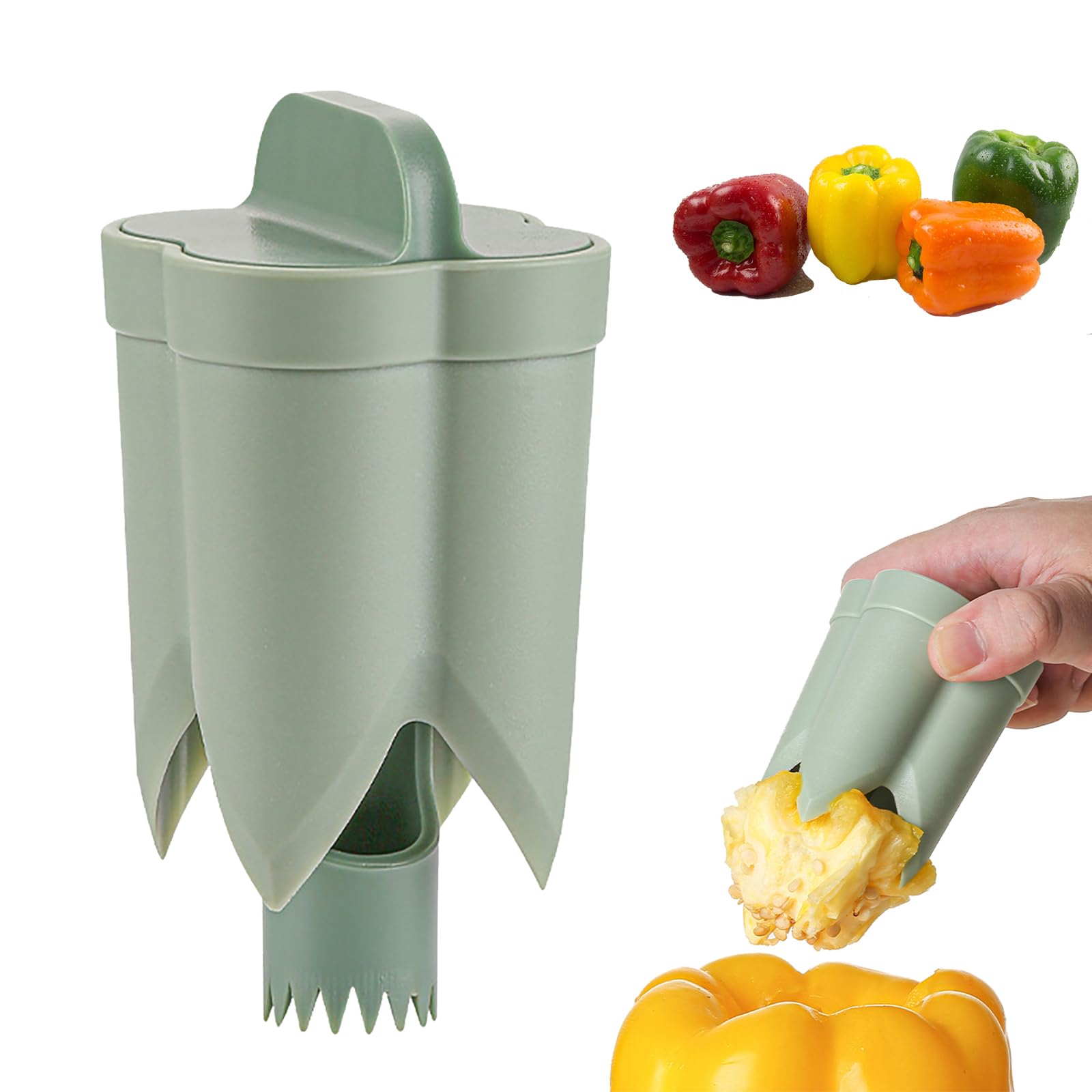 Pepper Seed Corer Remover, 2025 Upgraded 2-in-1 Bell Pepper Cutter & Deseeder, Fruit & Vegetable Corer, Effortless Kitchen Tool for Fast, Efficient Meal Prep with Fruit & Vegetable Coring (1, Green)
