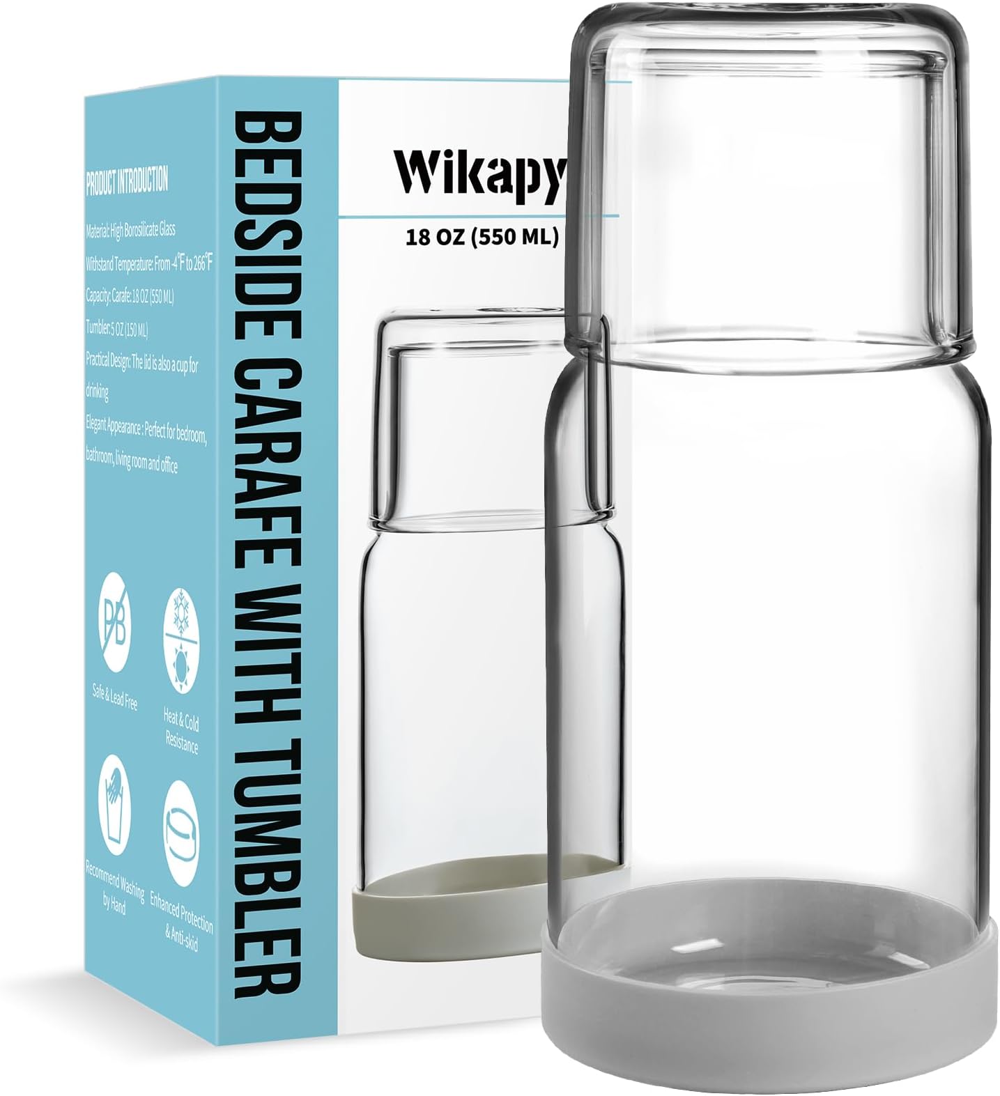 Bedside Water Carafe and Glass Set With Silicone Coaster for Nightstand, Bedroom, 18 OZ Clear Mouthwash Dispenser for Bathroom