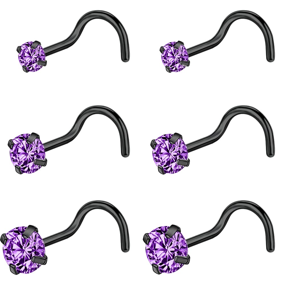 PunkTracker20G Black/Gold Nose Ring Nose Stud Set 2mm 2.5mm 3mm Surgical Steel Nose Studs CZ Gem Nose Piercing Jewellery for Women Men 6PCS