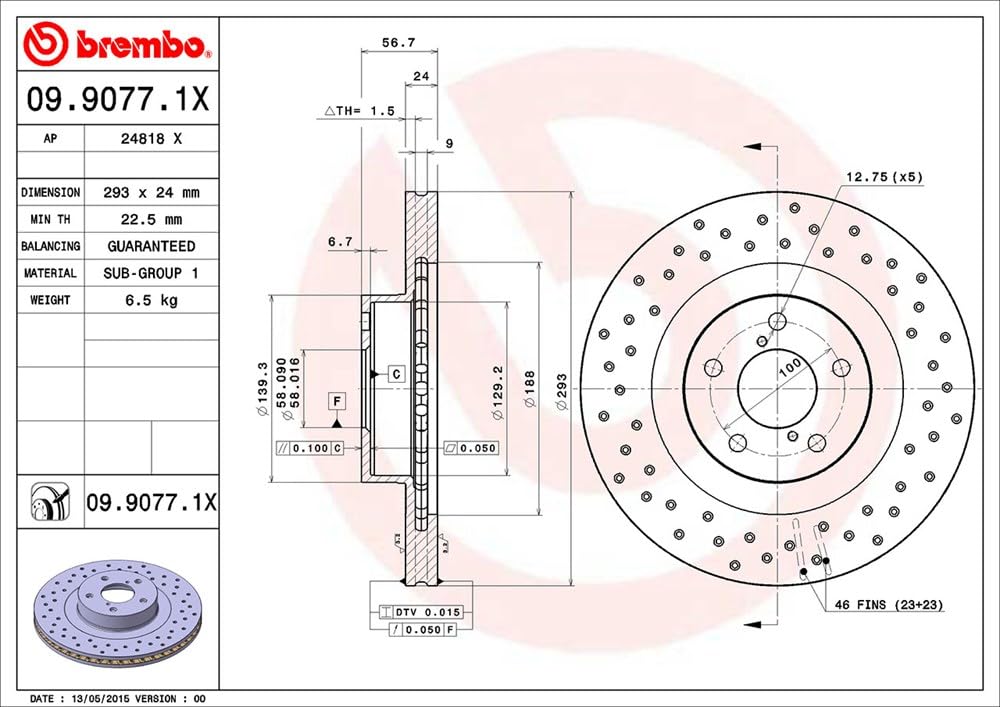 Brembo Xtra 09.9077.1X - Disco Freno Forato Anteriore, Set di 2