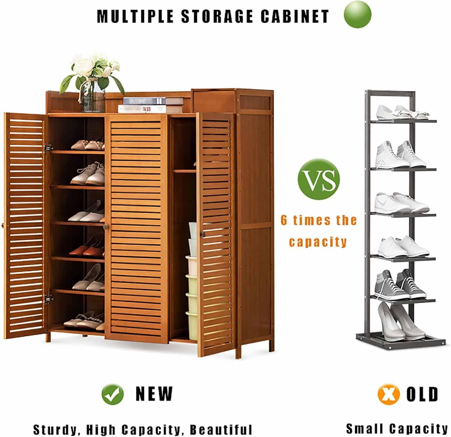 Shoe Storage Cabinet Cabinets Hallway Slim Cupboard Cupboards Hallways Slimline，Rustic Bamboo Shoe Cabinet - 7-Tier Shoe Rack with Doors & Open Shelf for Entryway, Hallway, Bedroom Storage -