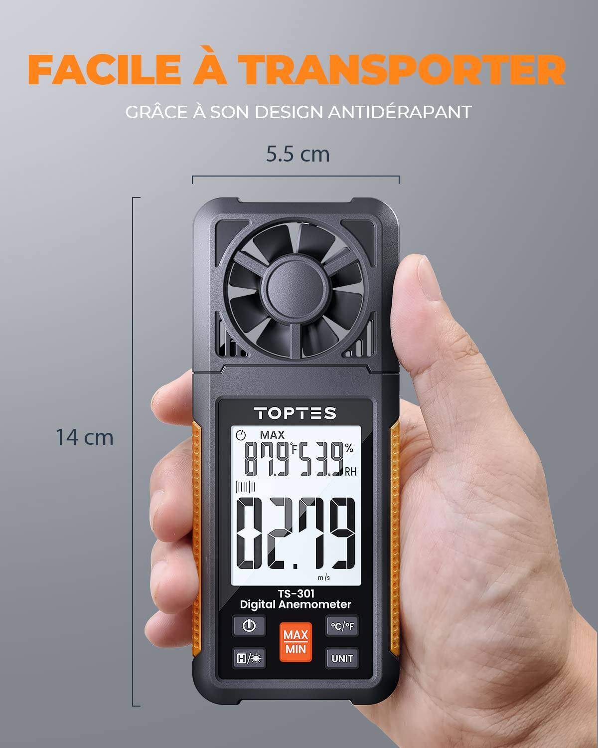 Anémomètre numérique TopTes TS-301, Compteur de Vitesse du Vent Avec écran LCD 2,26 pouces, Débitmètre d'air pour HVAC/Voile/Surf/Prise de Vue/Drone, 6 Unités de Mesure Rétroéclairage Jauge de Vent