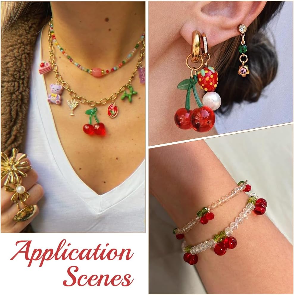 SUNNYCLUE 1 Box 30Pcs 5 Styles Cute Cherry Charm Red Cherries Charms Bulk Resin Acrylic Green Transparent 3D Dangle Small Fruit Pendants for Jewelry Making Supplies DIY Craft Necklace Bracelet Women - Image 6