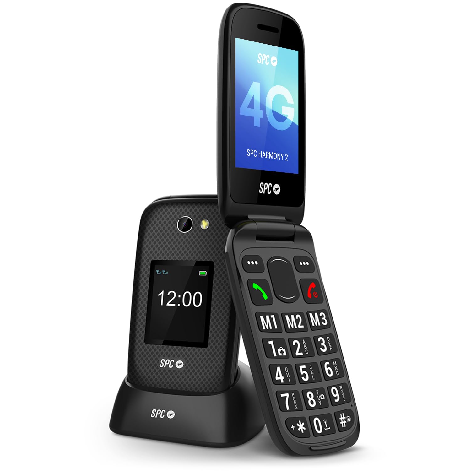 SPC Harmony 2 – Teléfono móvil para Personas Mayores | Teclas Grandes, 4G y Doble Pantalla antirrayaduras (2,​8"+​1,​77") | Botón SOS y Perfil Ice | Volumen 104dB y Compatible con audífonos, Negro