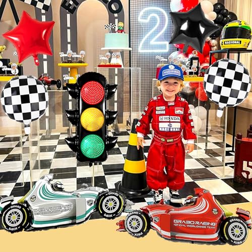 Image of Racing Theme Birthday Party Decoration Race Car Balloon Checkered Featuring Traffic Light Balloons Fast One Birthday Party Supplies