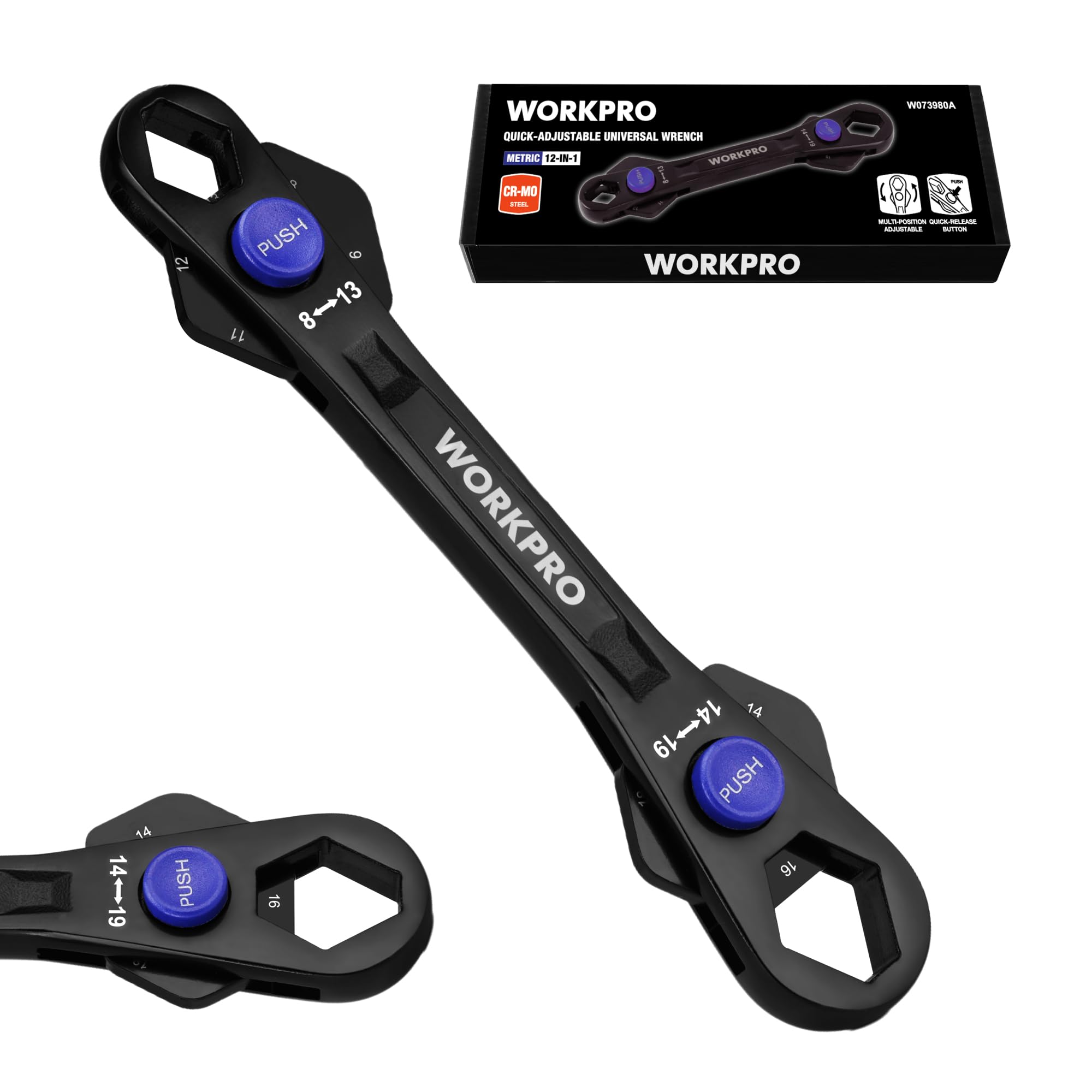 WORKPRO 12-in-1 Universal Wrench, Metric 8-19mm Adjustable Wrench with Heat-Treated Cr-Mo Steel, ASME Standard, Multi-Position Head, Multi-Size