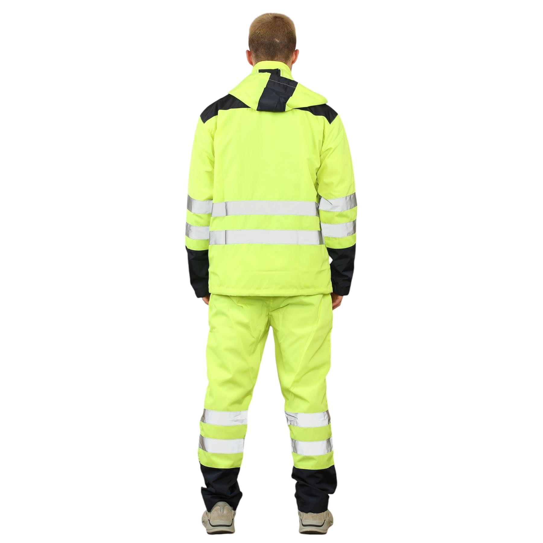 Męski kombinezon przeciwdeszczowy Hi Vis, robocza kurtka ostrzegawcza z kapturem, wodoodporne spodnie, elastyczna talia, zestaw odzieży przeciwdeszczowej
