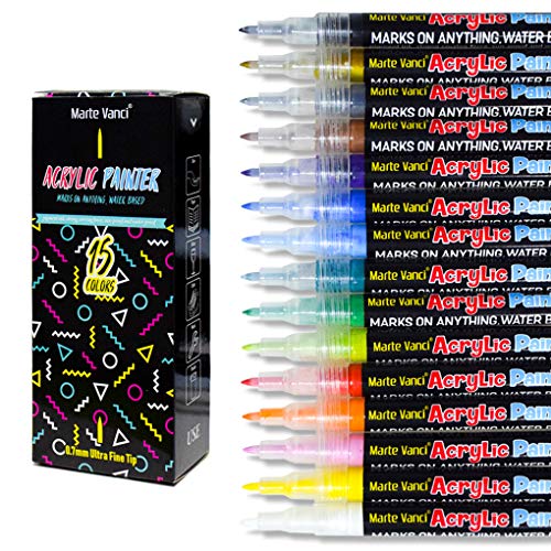SAYEEC Acrylic Paint Marker Set 15 Assorted Colors Art Markers 0.7mm Extra Fine Line Paint Pens for Rock Painting Wood Fabric Stone Porcelain Ceramic Glass Kids Drawing Christmas Gift
