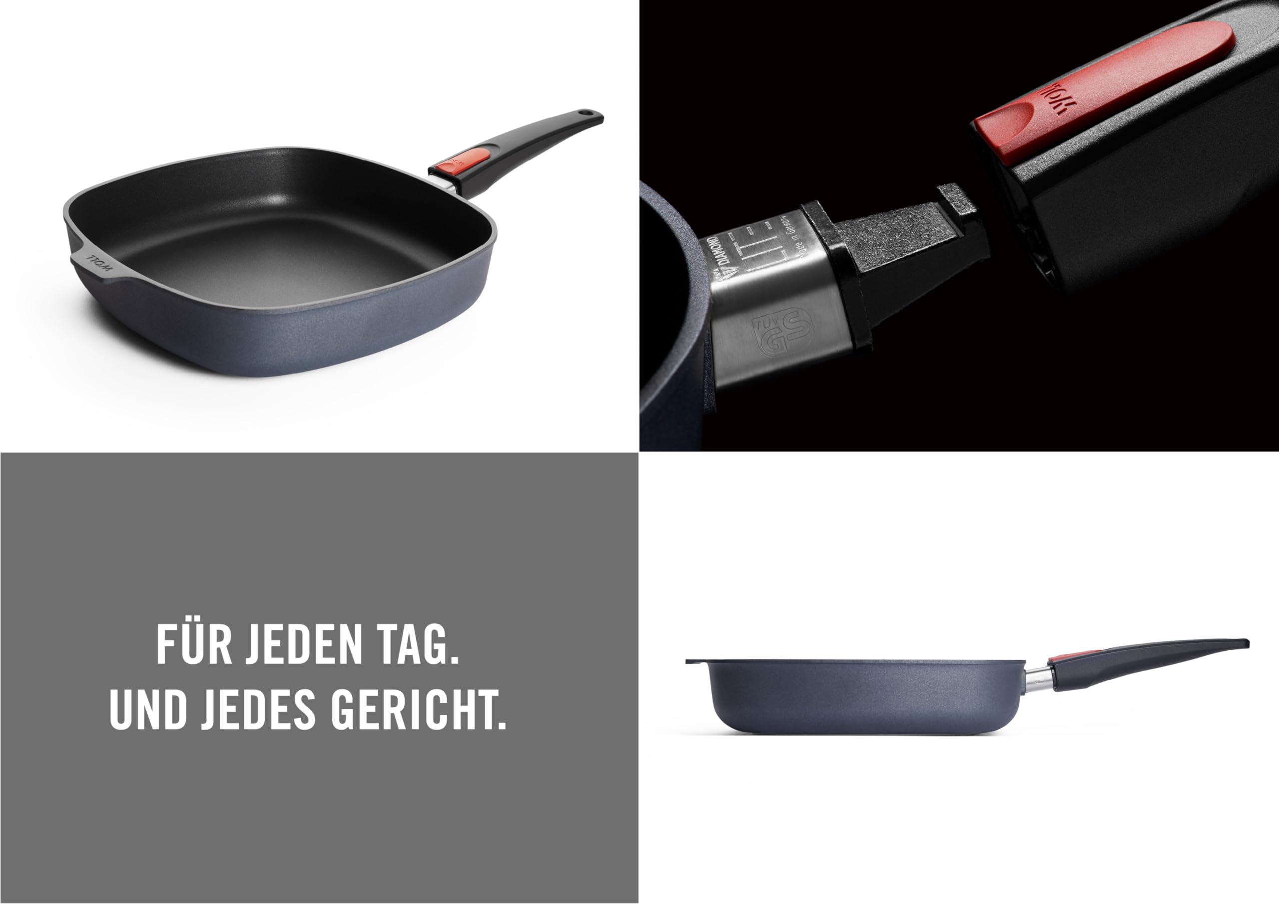 Woll Diamond Lite Viereckpfanne - Induktiv -, 28x28 cm, 6 cm hoch, mit abnehmbarem Stiel - Geeignet für alle Herdarten, Aluguss, backofenfest, anthrazit
