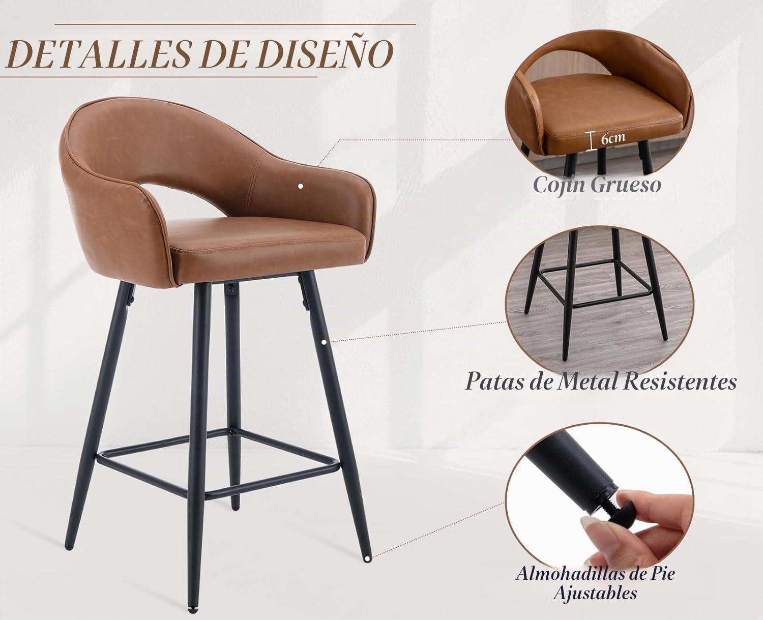 chairus 2PCS Taburetes Altos Giratorio de Cuero PU, Marrón | Patas Metálicas, Cojín Grueso, Con Respaldo y Brazos