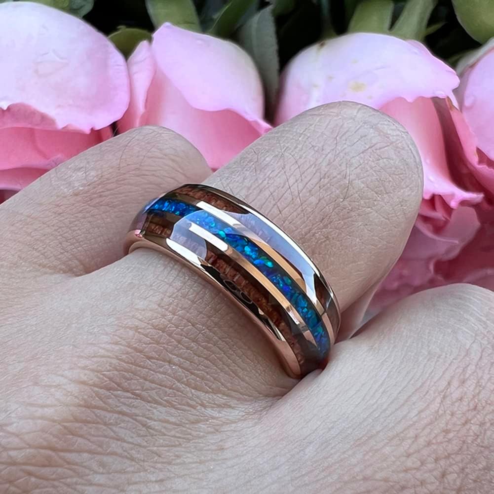 TUTISS 8mm Silver/Black/Gunmetal/Rose Gold Tungsten Rings for Men Women Engagement Wedding Bands Koa Wood Blue Opal Inlay Domed I Love You Engraved Comfort Fit