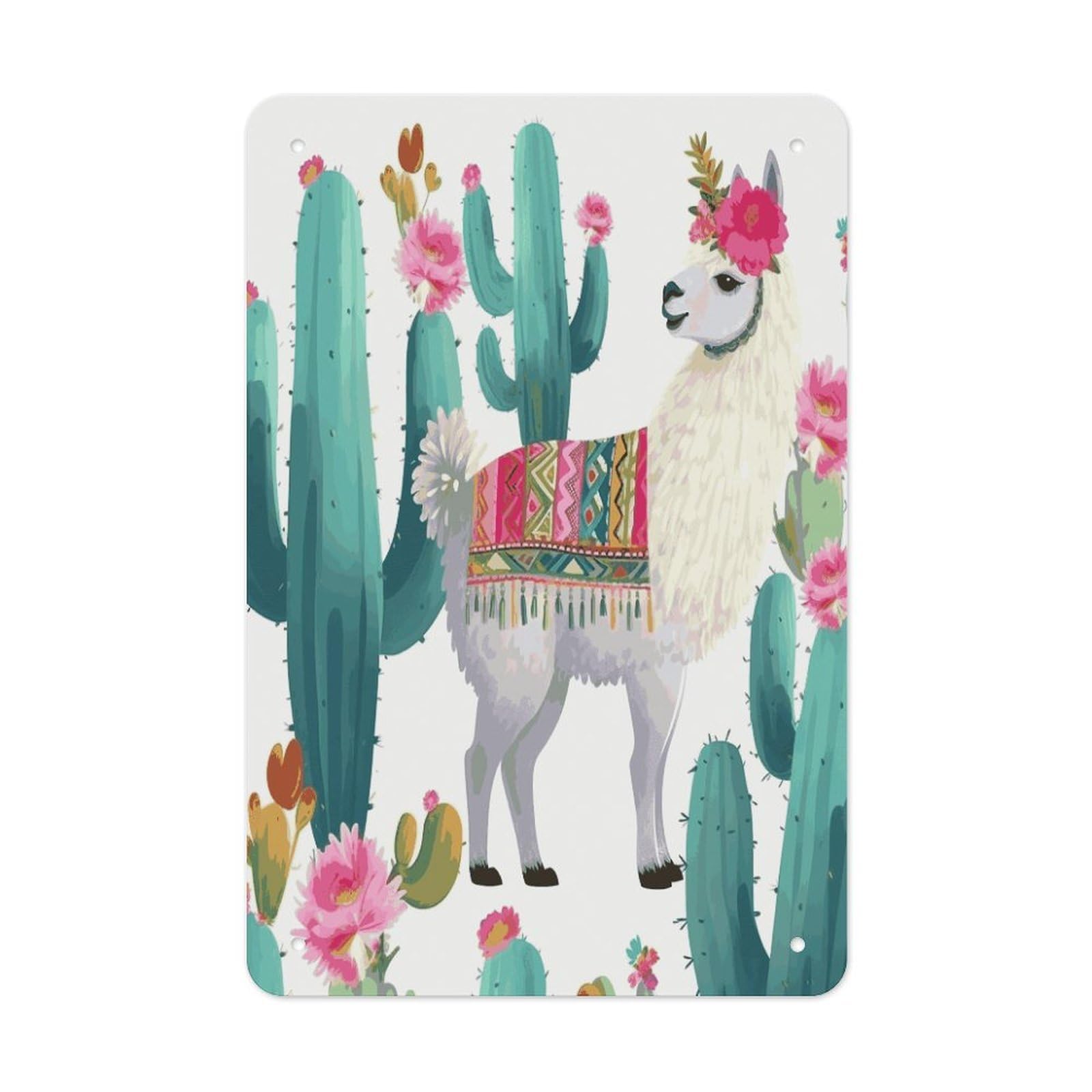 LDGSUPH Tropical Llama Alpaca Cactus Flower Wall Art Prints Folded Edge Iron Sheet Painting with Holes for Wall Prints Decorative Picture Metal Signboard Decor Painting for Outdoor Indoor Wall Decor
