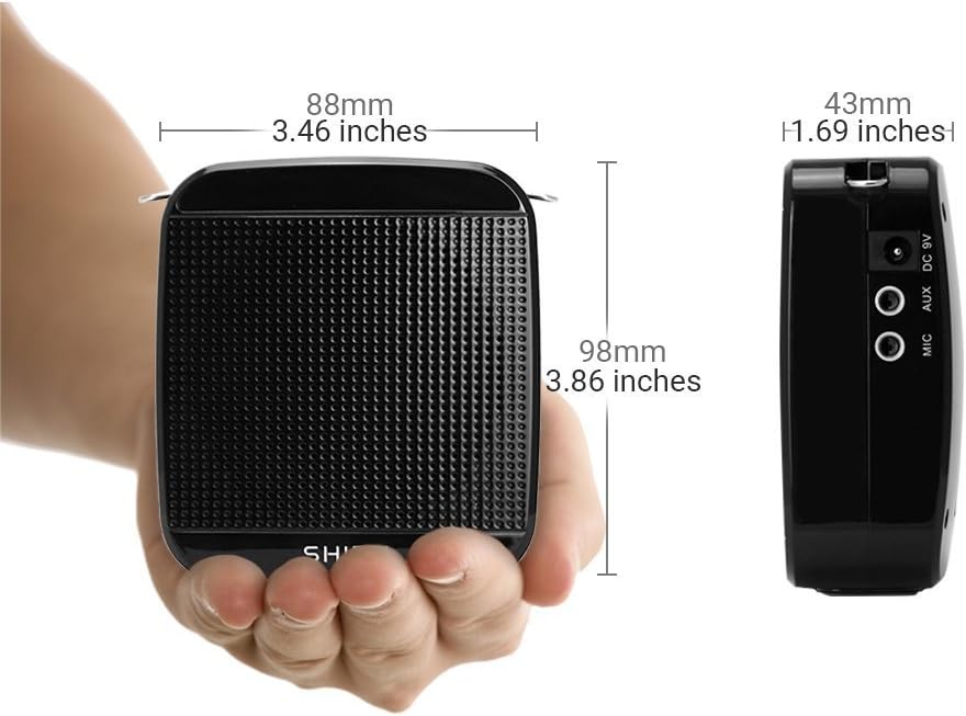 Diagram showing the dimensions of the SHIDU S613 voice amplifier: 98mm (3.86 inches) height, 88mm (3.46 inches) width, and 43mm (1.69 inches) depth.