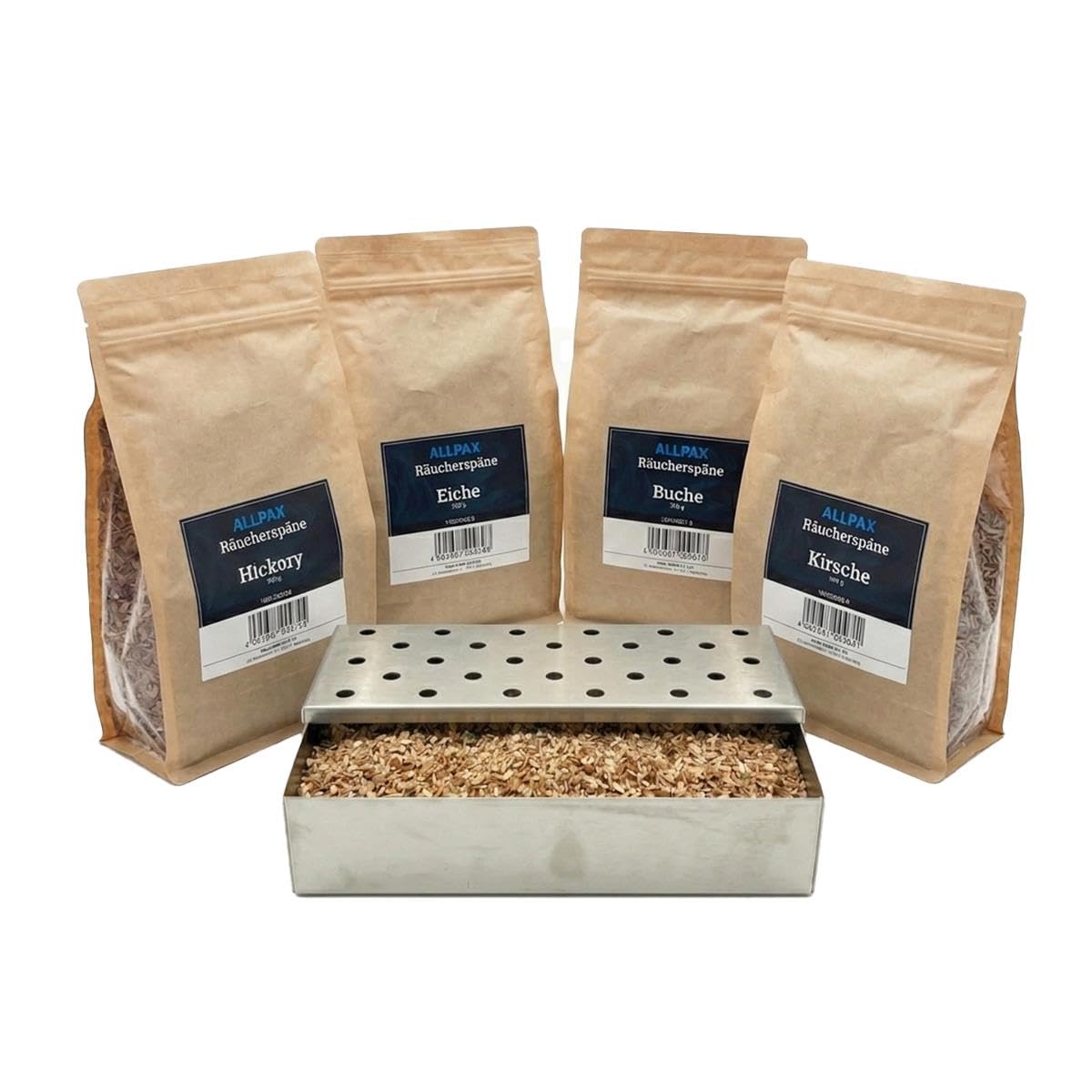 Räucherbox Edelstahl gelocht SET3 – Smokerbox inkl. Räucherspäne Buche, Kirsche, Eiche & Hickory je 500 g – BBQ Zubehör für Gasgrill & Holzkohlegrill – Räucherchips Set für Fleisch Fisch Gemüse