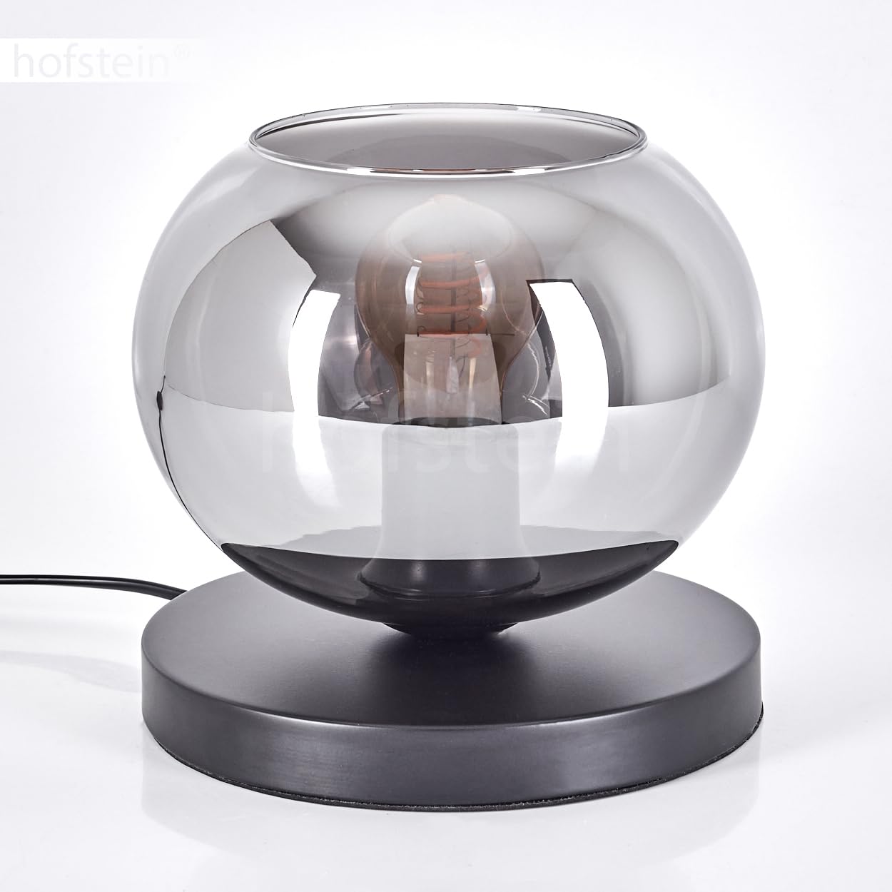 Tischleuchte Apedo, Tischlampe aus Metall/Glas in Schwarz/Rauchfarben, Leuchte im modernen Retro/Vintage-Design mit Schirm aus Glas (Ø 20 cm) u. An/-Auschalter am Kabel, 1 x E27, ohne Leuchtmittel