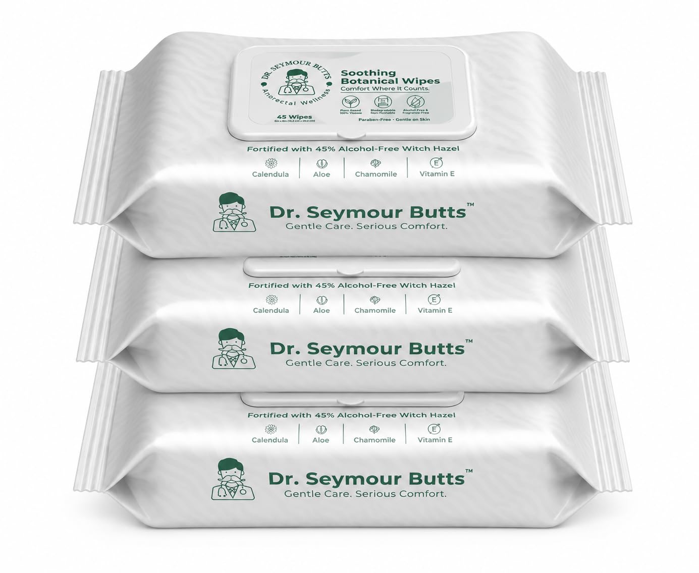 Dr. Seymour Butts Salviette per emorroidi, confezione da 3 (45 pezzi ciascuna), senza alcool, amamelide 45% + estratti botanici (alone, calendula, camomilla) - Salviette detergenti delicate per