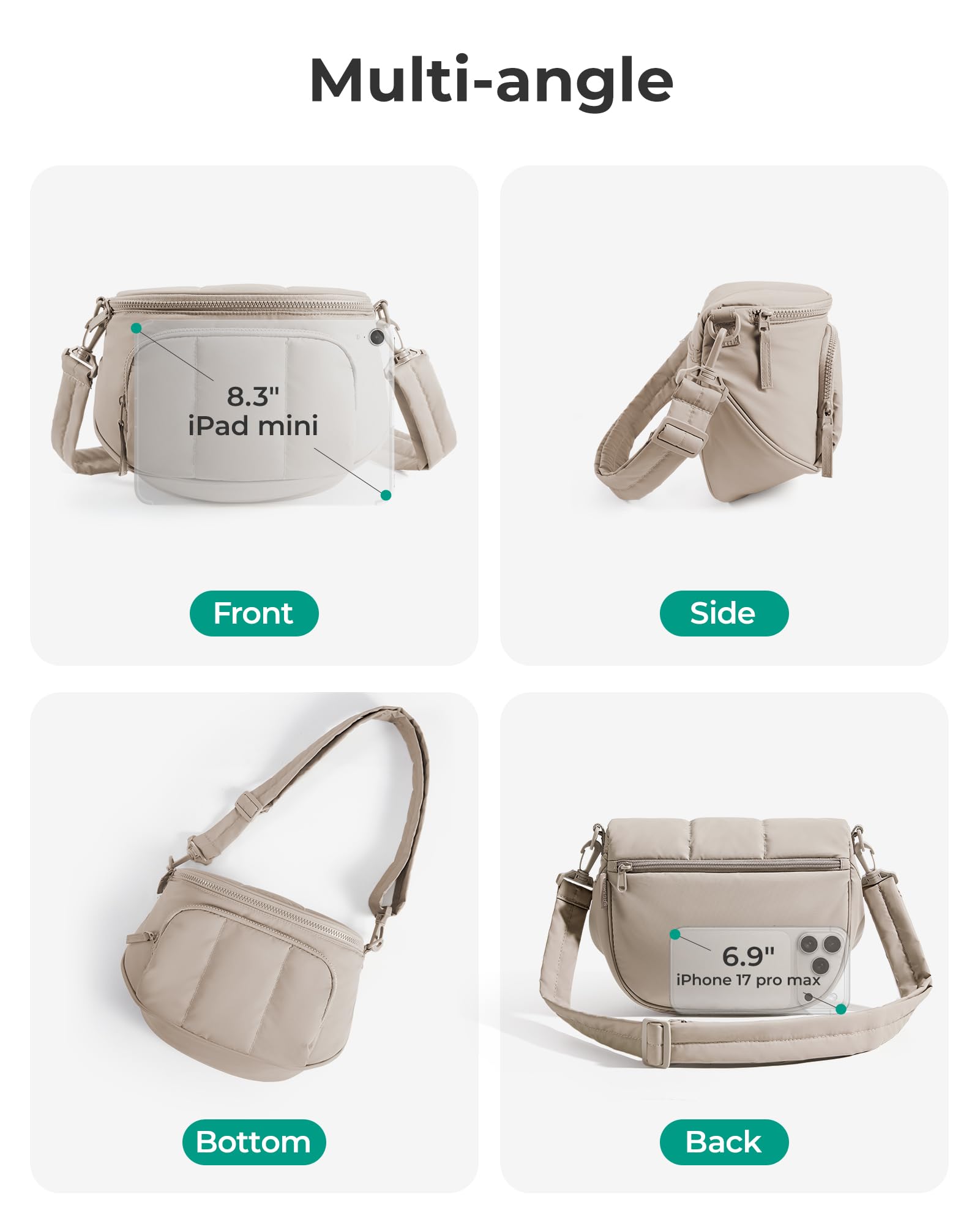 BAGSMART Spacious Puffy Bum Bags for Women, Crossbody Fanny Packs for Travel & Work, Waterproof Coated Mom Bag | 5L Roomy Purses, Large Fanny Pack, ideal for Moms, Long Outings, Everyday bum bag, Puffer, Nylon — view 6