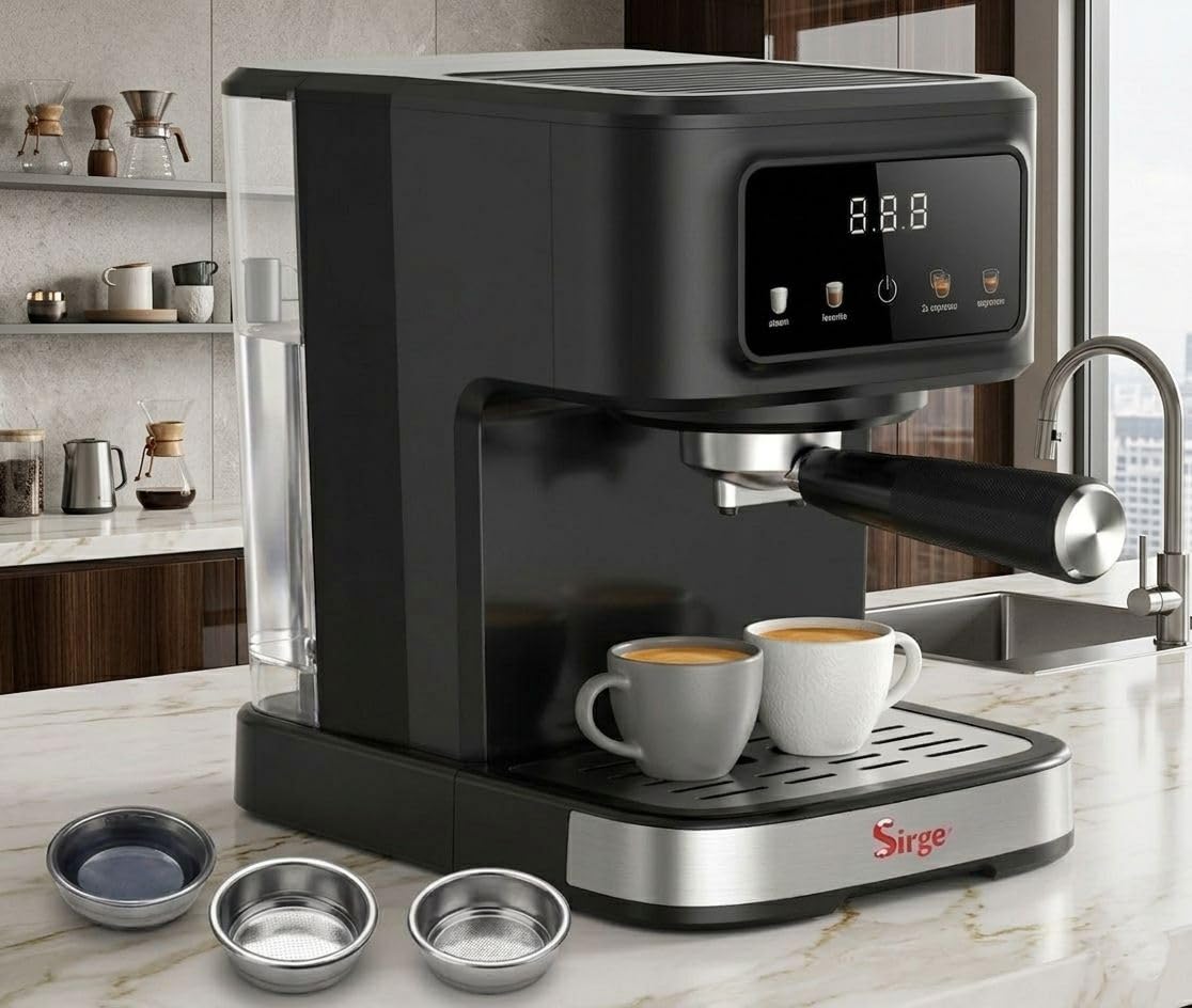 Sirge Macchina Caffè Espresso 20 Bar Digitale 3 Filtri | Cappuccino, Cialde ESE44 e Macinato, Display AutoStop