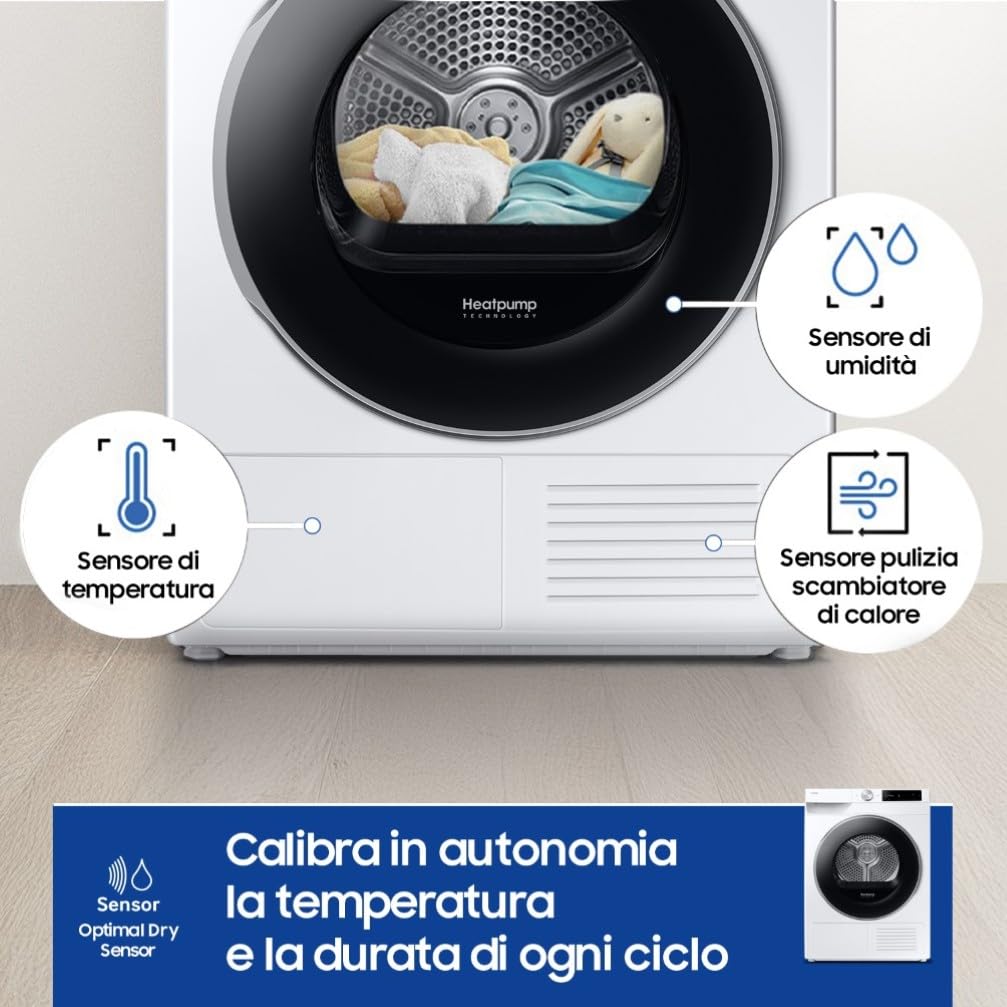 Samsung Asciugatrice AI Control DV90DG6845LE/U3, 9 kg, Pompa di Calore, Wifi, AI Dry+, Air Wash, Tecnologia Optimal Dry, Carica Frontale, 60L x 85H x 60P cm