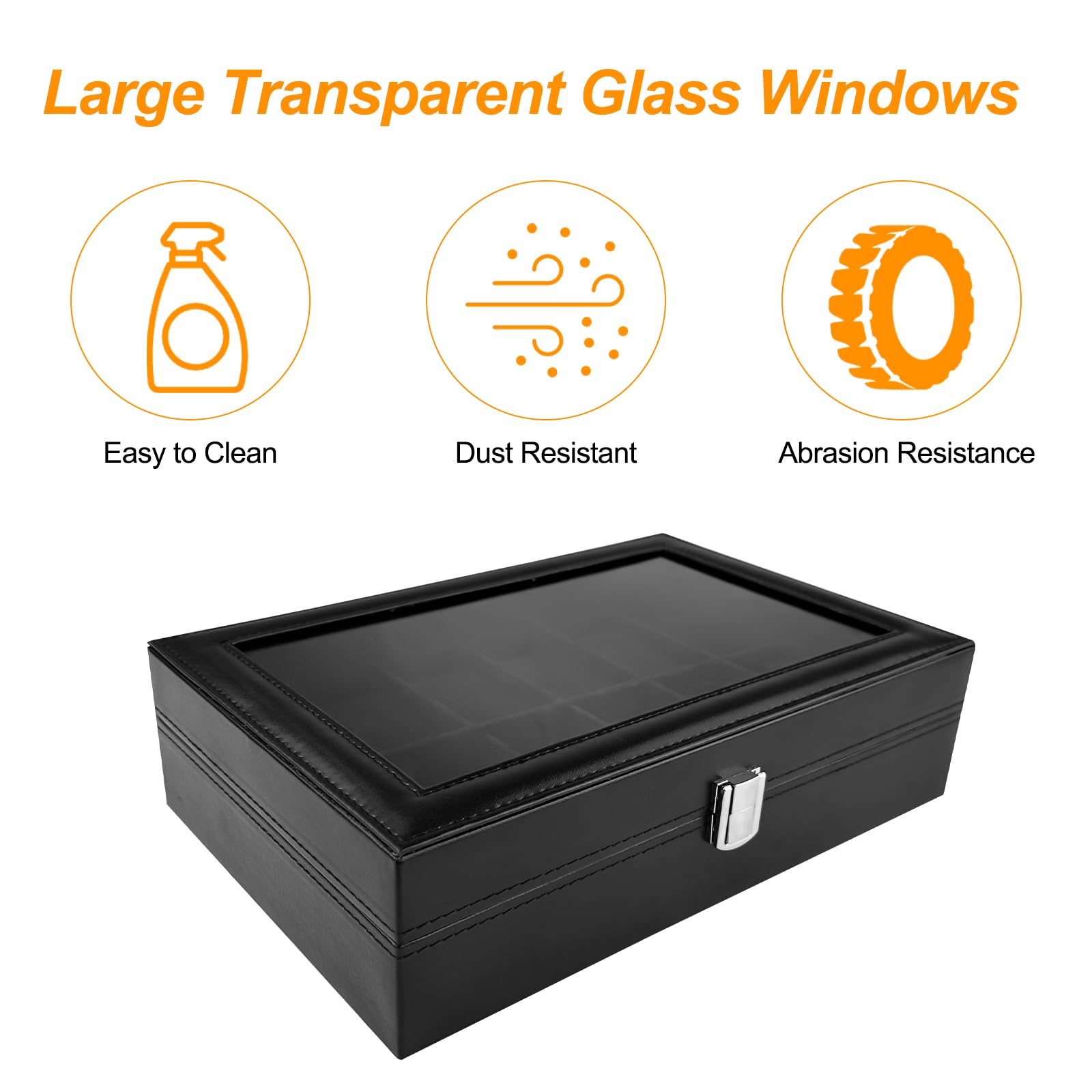 Caja de Relojes con 12 Compartimentos, Soporte de Exhibición con Tapa de Cristal, Almohadilla Extraíble