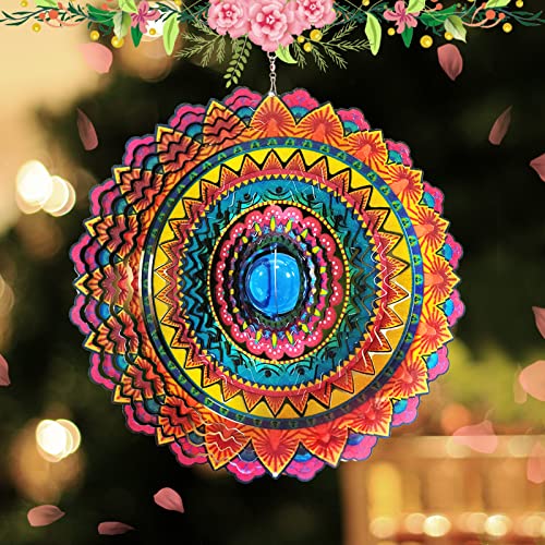 Image of FONMY Wind Spinner 3D Stainless Steel Christmas Decoration Room Decor Indoor /Outdoor Garden Decoration Hanging Ornaments Kinetic Yard Art Decorations 12 inches Multi Red Mandala Wind Spinners