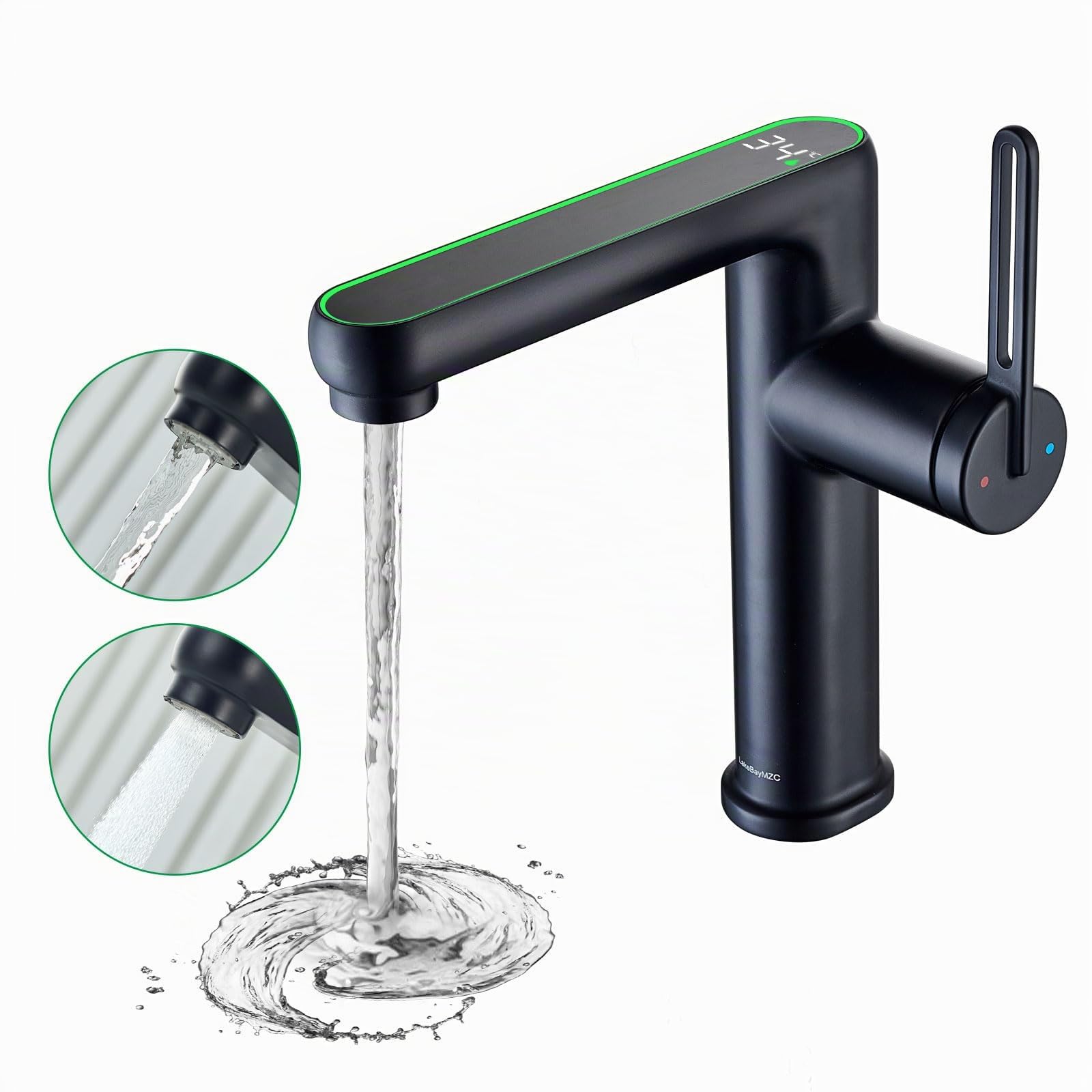 Grifo Lavabo Negro Extraible Ducha con LED Temperatura, 2 Modos Salida Agua | Mezclador de Lavabo Baño, Grifos Monomando, Apto Para Fregadero de Encimera, Aireador Extraíble, Agua Fría y Caliente,Negro