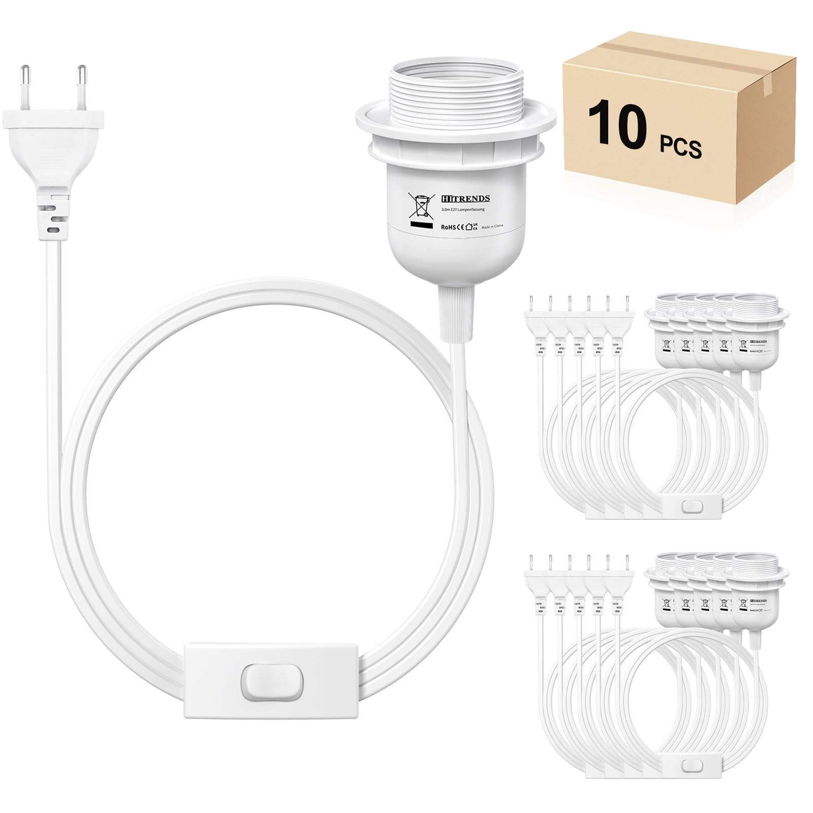 KEAGAR 10 x E27 Lampenfassung mit Schalter mit Stecker, E27 Fassung mit 3,5m Kabel Schraubring - Küche, Wohnzimmer und Kinderzimmer - Weiß