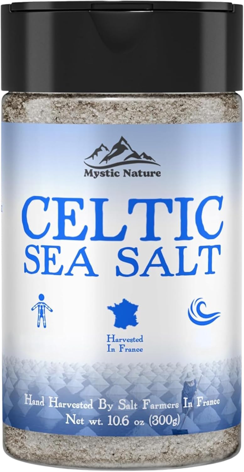Mystic Nature Salero de mar celta – 300 g | Sal celta 100% natural sin refinar | Agitador cómodo de usar | Cristales de sal del mar celta cosechados a mano de Francia (sal molida fina)
