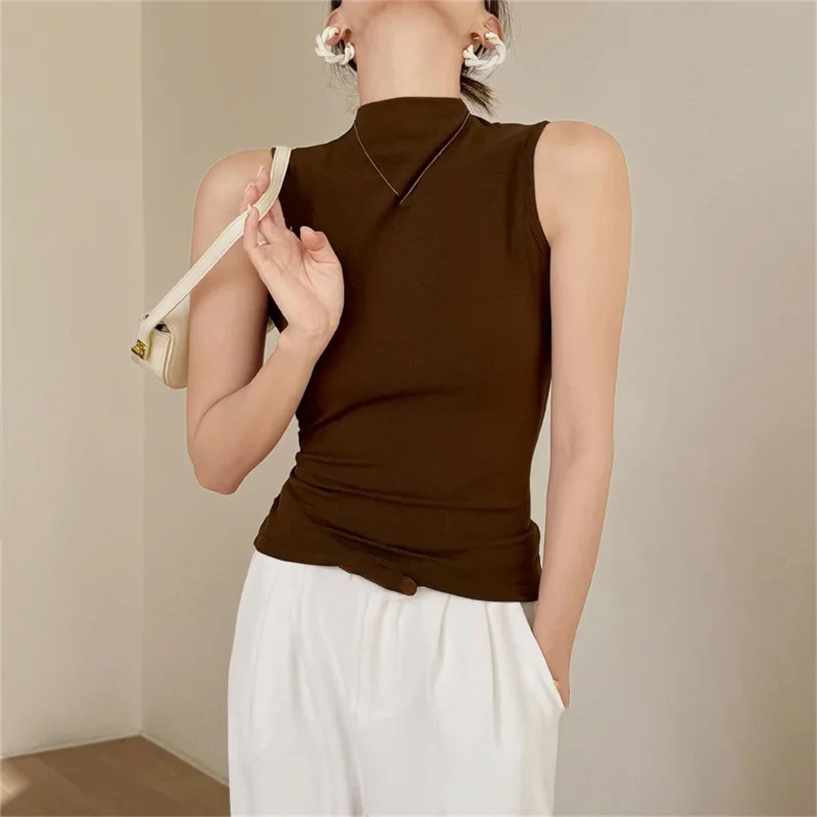 Donne Solido Collo Lupetto Sottile Canotta Maglia Elastico Crop Top Senza Maniche A Costine Casual Top Spiaggia Camis Primavera