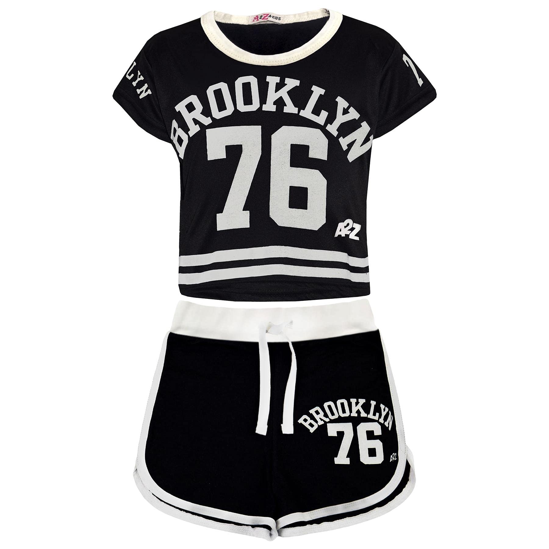 A2Z 4 Kids Conjunto de pantalones cortos para niñas Brooklyn 76 estampado negro moderno top corto y pantalones cortos calientes traje de verano conjuntos de ropa nueva era 5 6 7 8 9 10 11 12 13 años