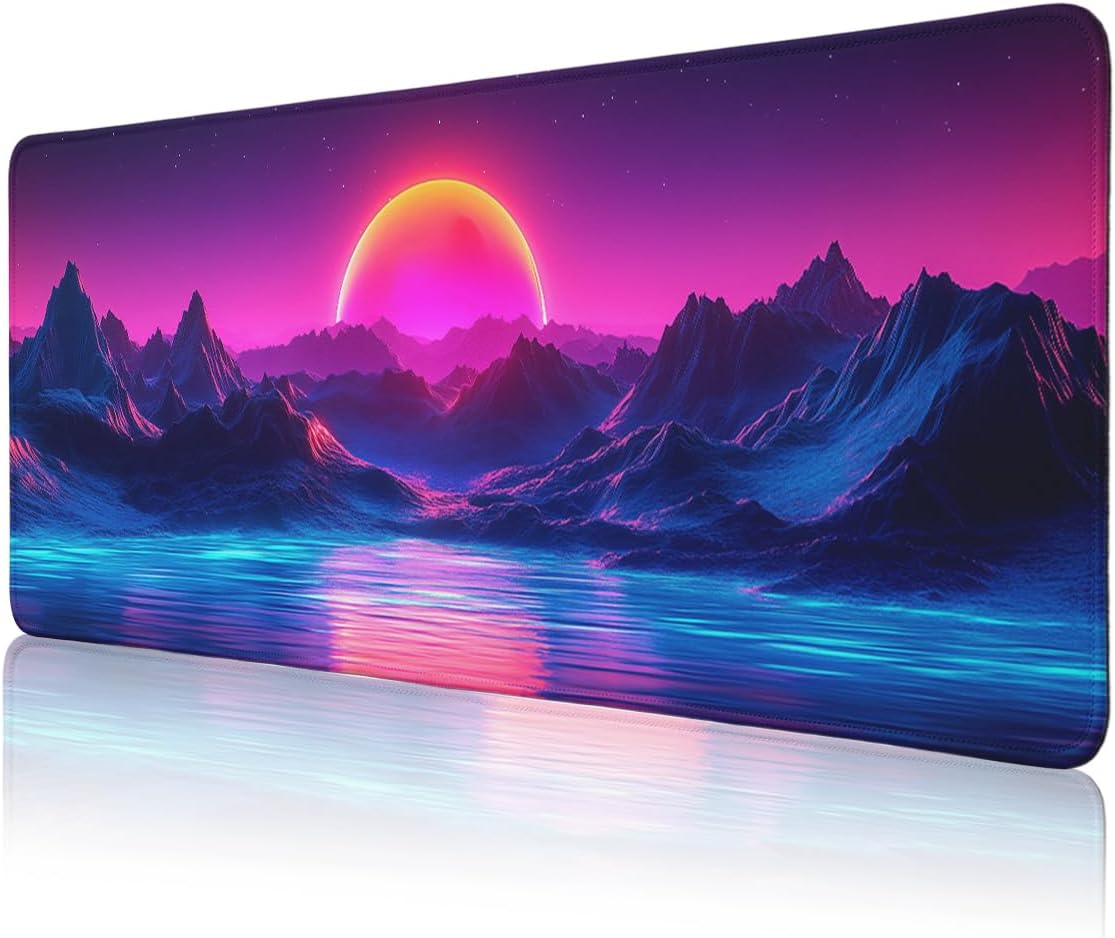 Retro Sunset Large Gaming Mouse Pad Synthwave Neon Mountain Lake Desk Mat,Non-Slip Rubber Base Stitched Edges,Extended Mousepad for PC,Laptop,Office,Home Decor 31.5 x 11.8 Inch