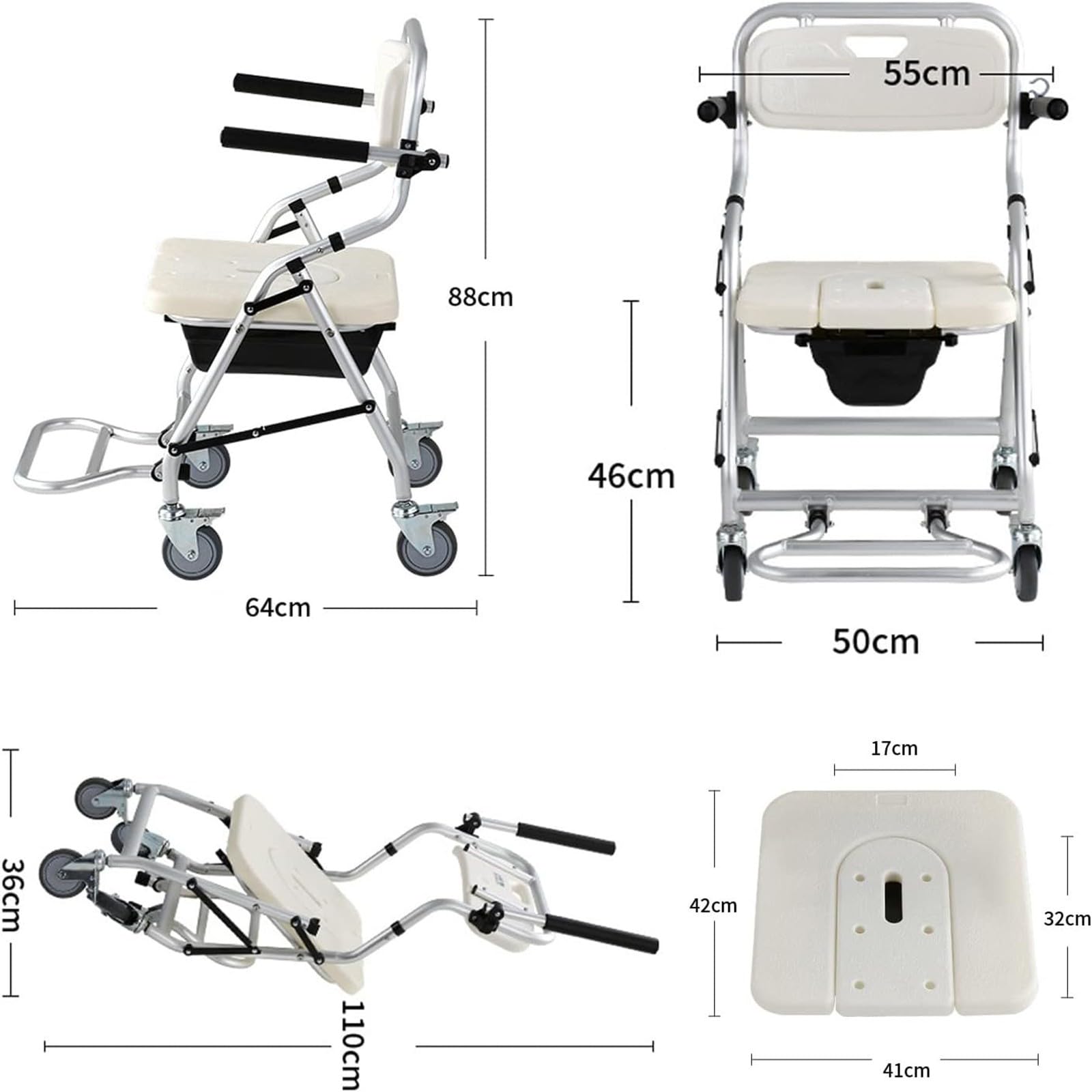 Krzesło toaletowe Commode z kółkami, komody przyłóżkowe dla osób starszych, krzesło prysznicowe dla niepełnosprawnych z kółkami, wózek prysznicowy Commode z podnóżkiem, składany