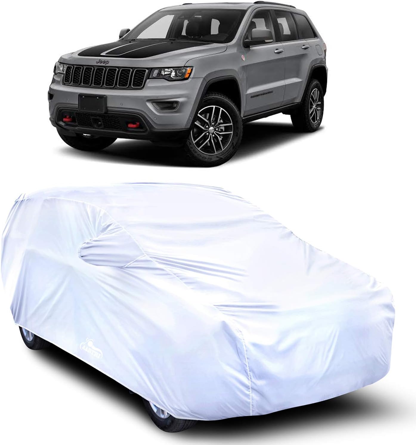 MADAFIYA Royals Choice All Weather Car Cover for Jeep Grand Cherokee Dustproof,Water Resistant, Snowproof UV Protection Windproof Outdoor Full car Cover, Triple Stitched Elastic Grip - Silver