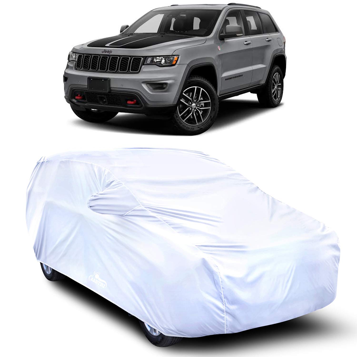 MADAFIYA Royals Choice All Weather Car Cover for Jeep Grand Cherokee Dustproof,Water Resistant, Snowproof UV Protection Windproof Outdoor Full car Cover, Triple Stitched Elastic Grip - Silver