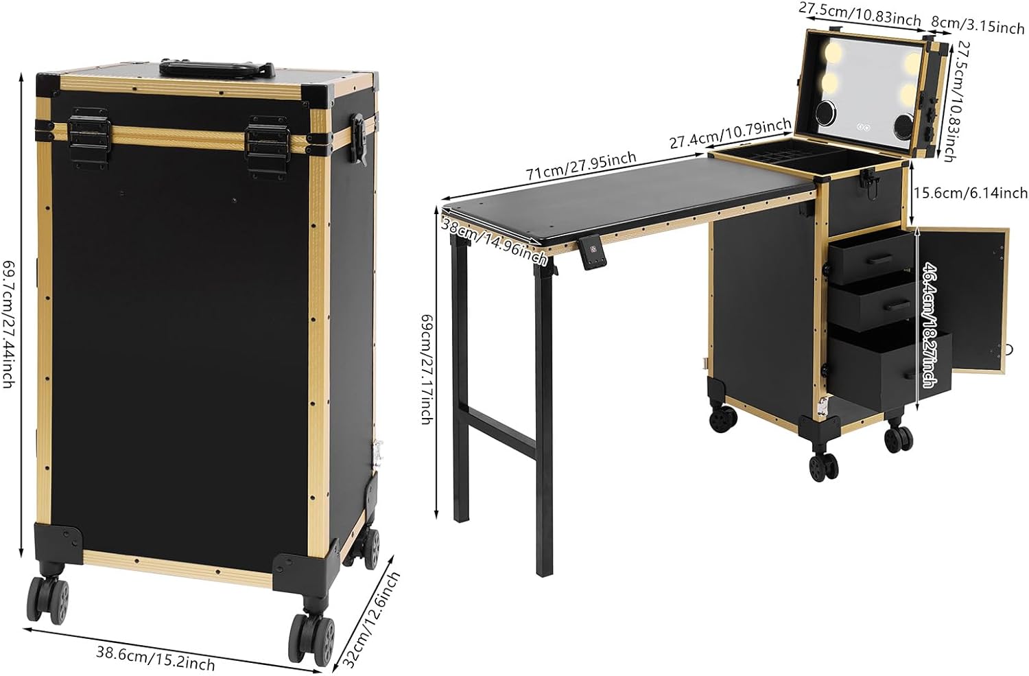 Rolling Manicure Table Foldable Nail Desk with LED Mirror & Speaker Nail Polish Organizer Lockable Makeup Train Case with 3 Drawers Cosmetic Trolley for Mobile Nail Techs Salon (Black Gold)