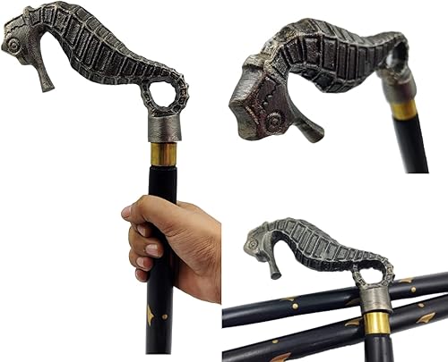 Mango de caballito de mar de metal, bastón de madera de 3 partes, palo abierto estilo vintage