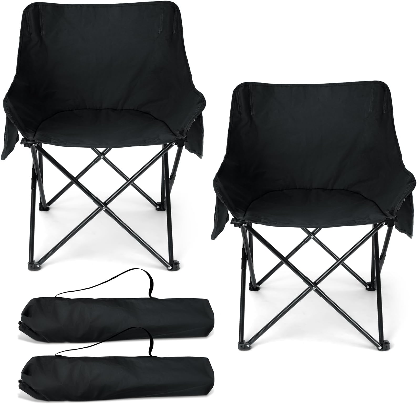 HaSteeL Camping Chair for Adults, Compact Folding Portable Chairs Set with Side Pockets for Outdoors Fishing, Hiking, Backpacking, Picnic, Beach, Travel, Supports to 250lbs, & Storage Bags (Black)