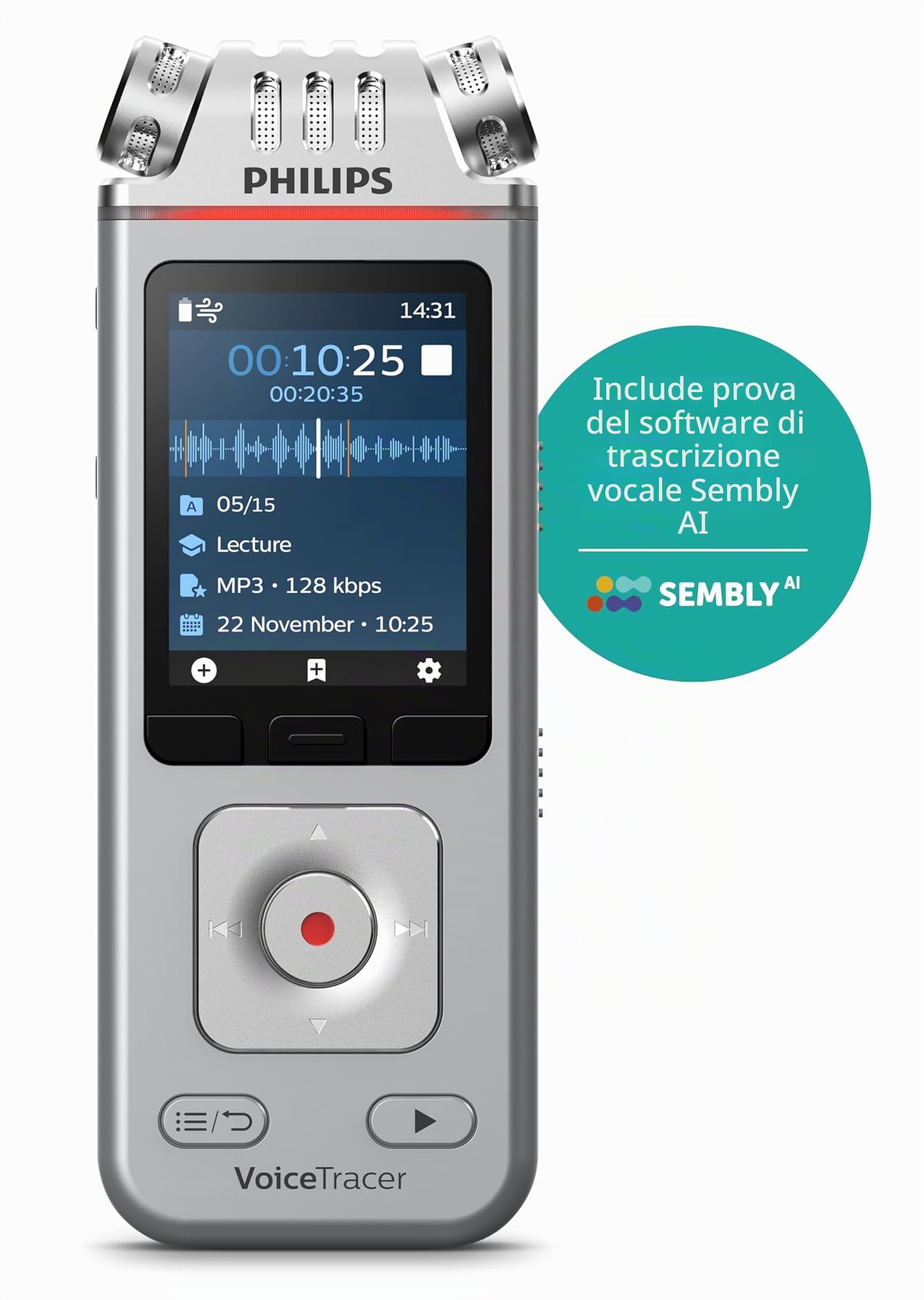 Philips DVT4115 VoiceTracer, Registratore Audio, PCM-MP3, 3 microfoni HiFi, registrazione a distanza. Licenza AI Sembly in prova: l’Intelligenza Artificiale crea riassunti, trascrizioni