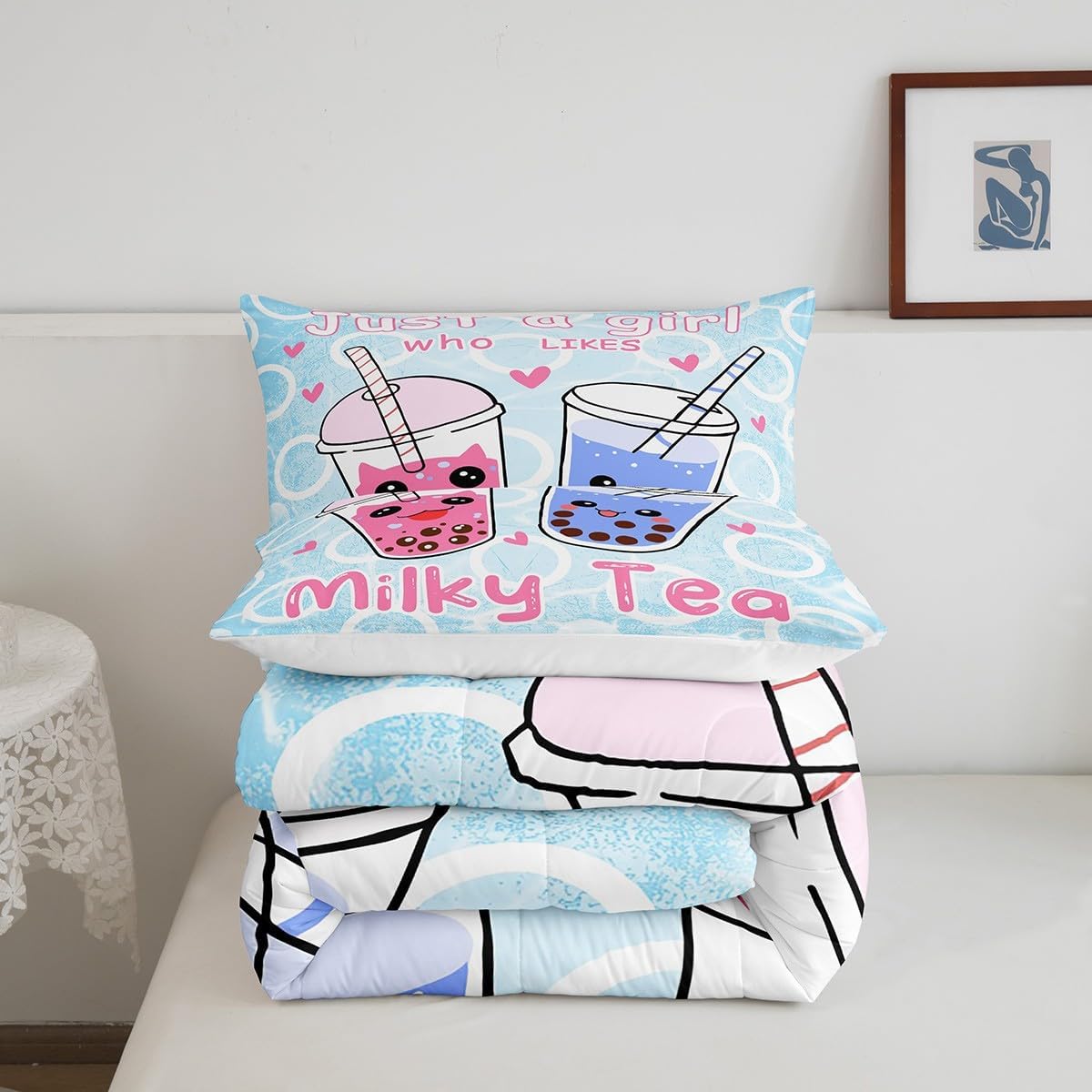 Feelyou Boba Bedding Set - Kawaii Bubble Tea Stuffed Comforter Set for Kids & Adults - Queen Size Duvet Set