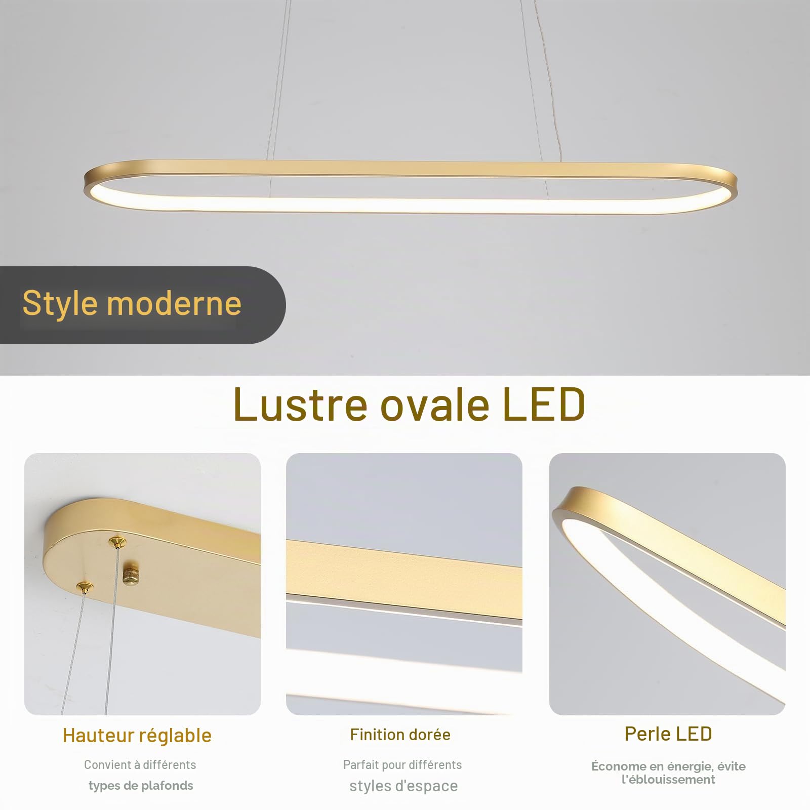 Lustre Ovale Luminaire LED À Intensité Variable, Lampe Annulaire, Lustres Moderne Avec Télécommande, Hauteur Réglable, Idéal Pour Salon Salle À Manger Cuisine Chambre Bureau Doré 70cm