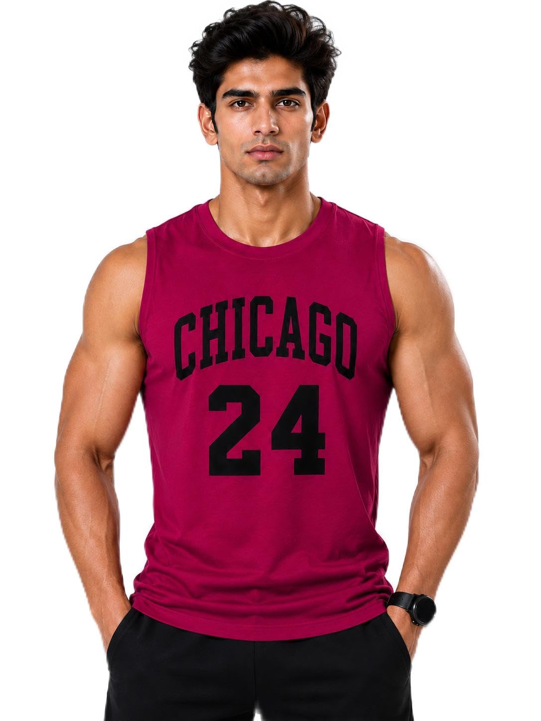Men's Chicago 24 Graphic Printed Sleeveless Tank Top | Round Neck Regular Fit Gym Vest | Breathable Athletic Sportswear for Workout, Running, Training, Fitness & Casual Wear-picture-19