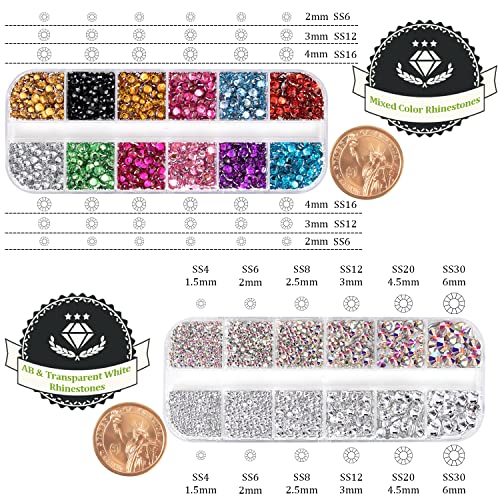 Two Packs of Flatback Rhinestones 4520 Pcs Crystal, Colorful Rhinestones for Nails, Multicolored+ AB+Transparent White Gems with Picker Tools for Bedazzling Nail Crafting Face Makeup4