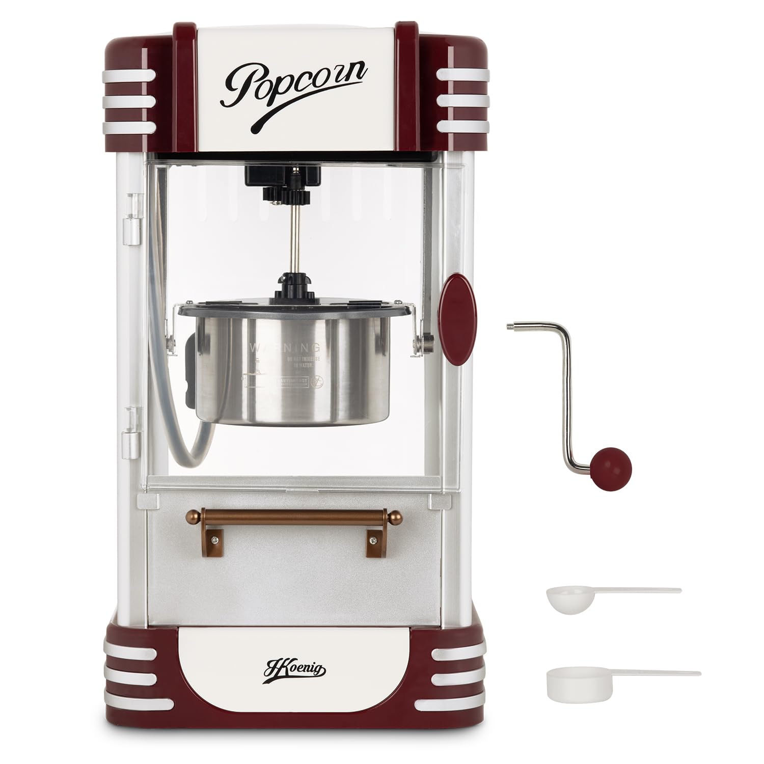 H.Koenig Maszyna do popcornu POP330, łatwy i szybki domowy popcorn, retro design, garnek ze stali nierdzewnej i aluminium, pojemność 50 g, magnetyczne drzwi, 360 W