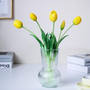 16-inch Premium Real Touch Fake Tulips, Artificial Flowers with Buds, Flexible Stem Easy to Shape, Faux Tulips Vase not Included, 5-Pack Set of Lemonade Yellow