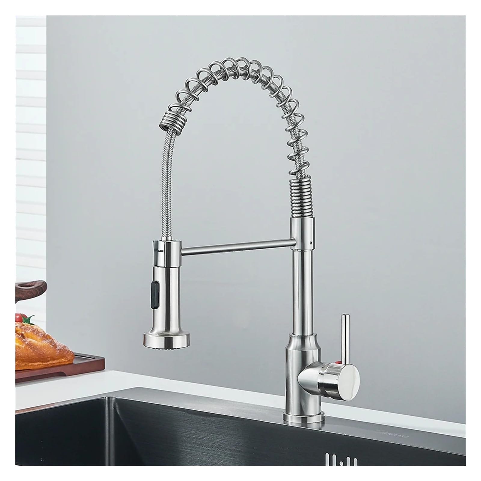Grifo de cocina con resorte y monomando para agua fría y caliente en níquel cepillado